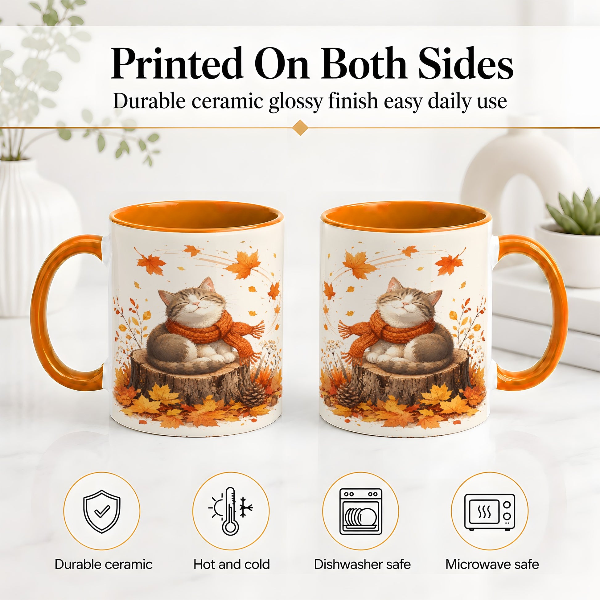 #pl[11oz|Orange] Cozy Autumn Cat Ceramic Coffee Cup, Mug with Scarf Leaf Artwork