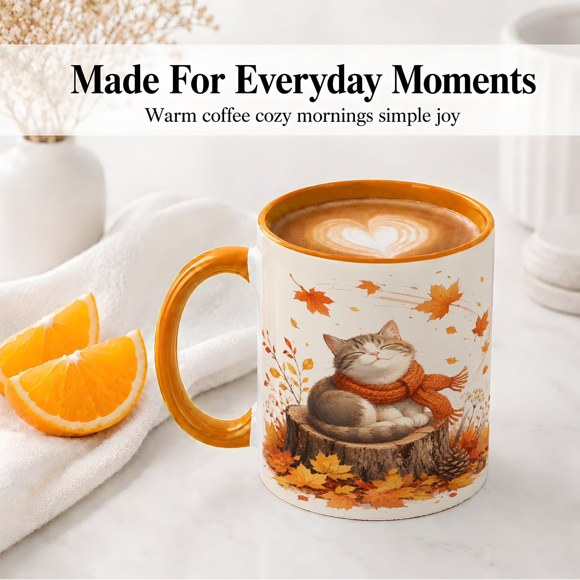 #pl[11oz|Orange] Cozy Autumn Cat Ceramic Coffee Cup, Mug with Scarf Leaf Artwork