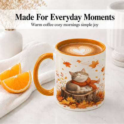 #pl[11oz|Orange] Cozy Autumn Cat Ceramic Coffee Cup, Mug with Scarf Leaf Artwork