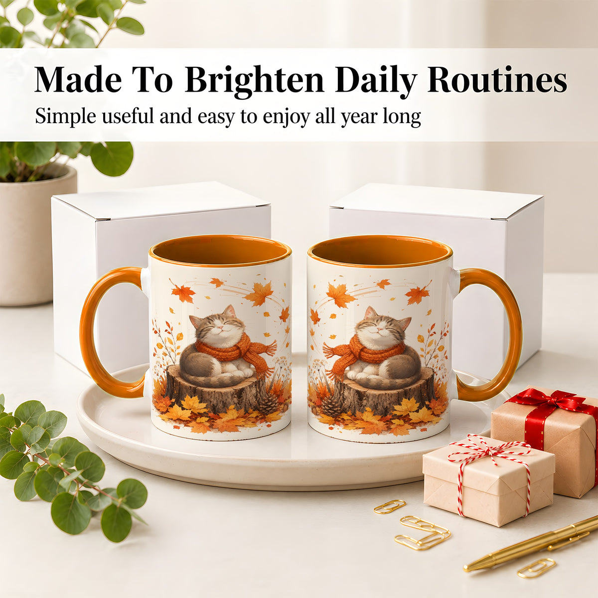 #pl[11oz|Orange] Cozy Autumn Cat Ceramic Coffee Cup, Mug with Scarf Leaf Artwork