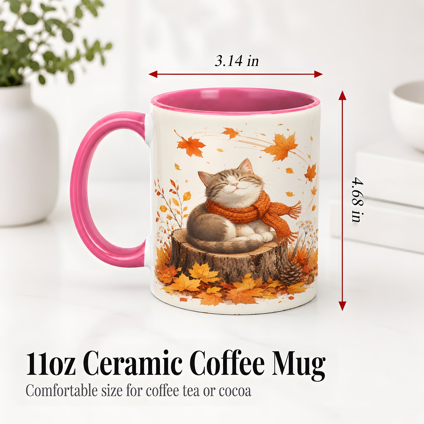 #pl[11oz|Pink] Cozy Autumn Cat Ceramic Coffee Cup, Mug with Scarf Leaf Artwork