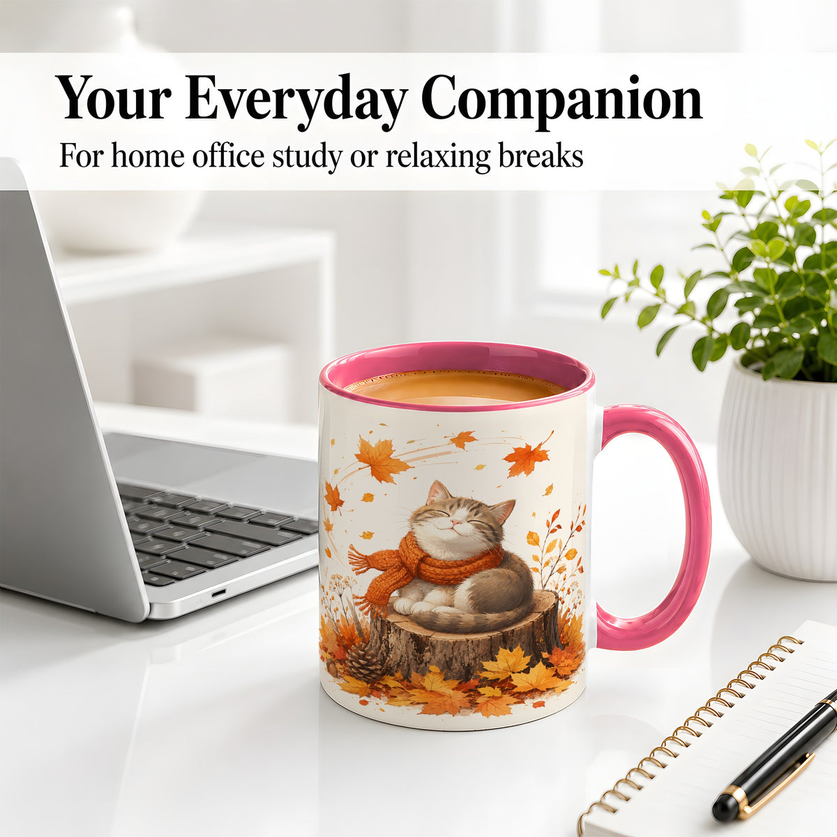 #pl[11oz|Pink] Cozy Autumn Cat Ceramic Coffee Cup, Mug with Scarf Leaf Artwork