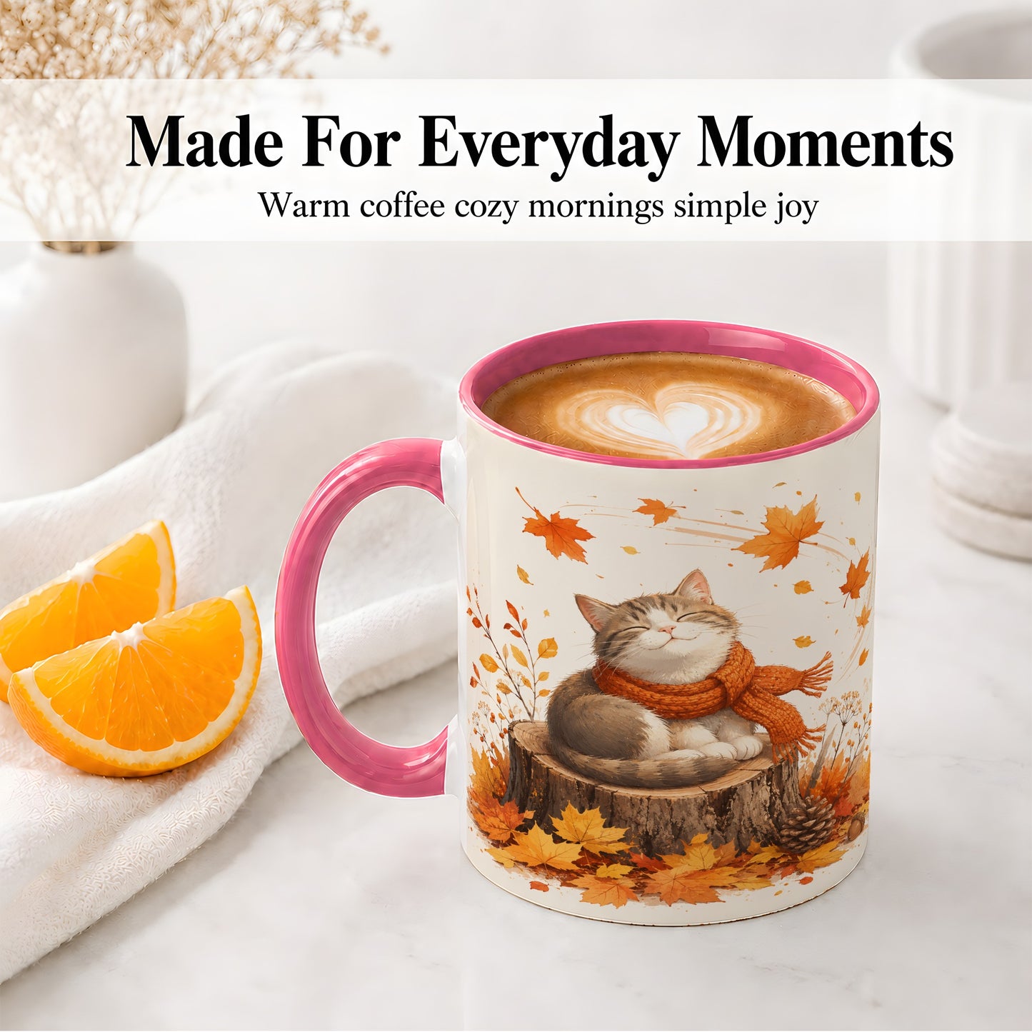 #pl[11oz|Pink] Cozy Autumn Cat Ceramic Coffee Cup, Mug with Scarf Leaf Artwork