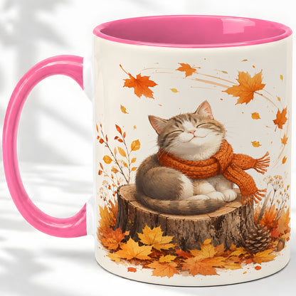#pl[11oz|Pink] Cozy Autumn Cat Ceramic Coffee Cup, Mug with Scarf Leaf Artwork