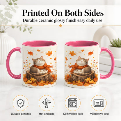 #pl[11oz|Pink] Cozy Autumn Cat Ceramic Coffee Cup, Mug with Scarf Leaf Artwork