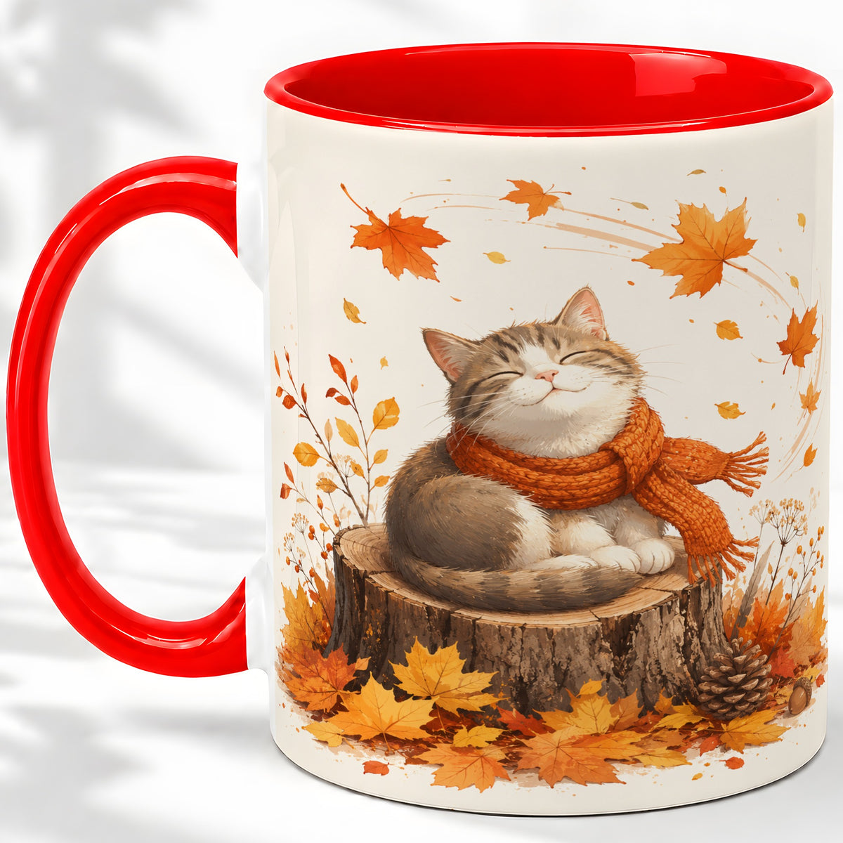 Cozy Autumn Cat Ceramic Coffee Cup, Mug with Scarf Leaf Artwork
