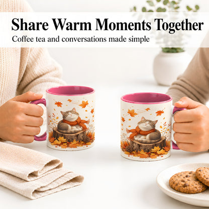 #pl[11oz|Pink] Cozy Autumn Cat Ceramic Coffee Cup, Mug with Scarf Leaf Artwork