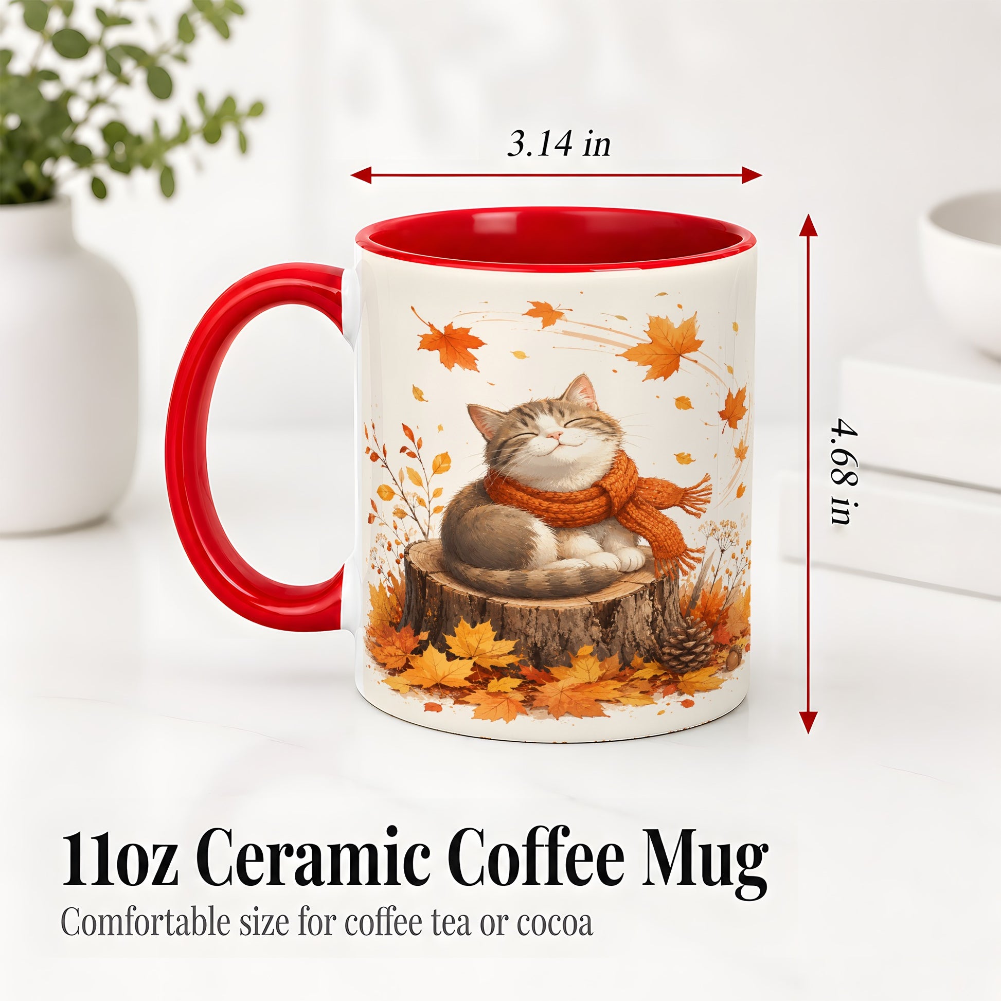 #pl[11oz|Red] Cozy Autumn Cat Ceramic Coffee Cup, Mug with Scarf Leaf Artwork
