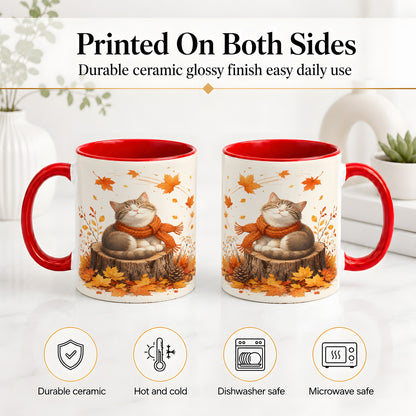 #pl[11oz|Red] Cozy Autumn Cat Ceramic Coffee Cup, Mug with Scarf Leaf Artwork