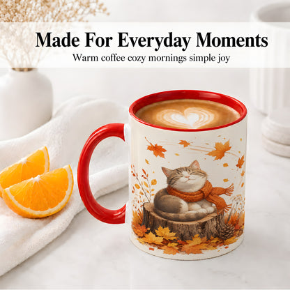#pl[11oz|Red] Cozy Autumn Cat Ceramic Coffee Cup, Mug with Scarf Leaf Artwork