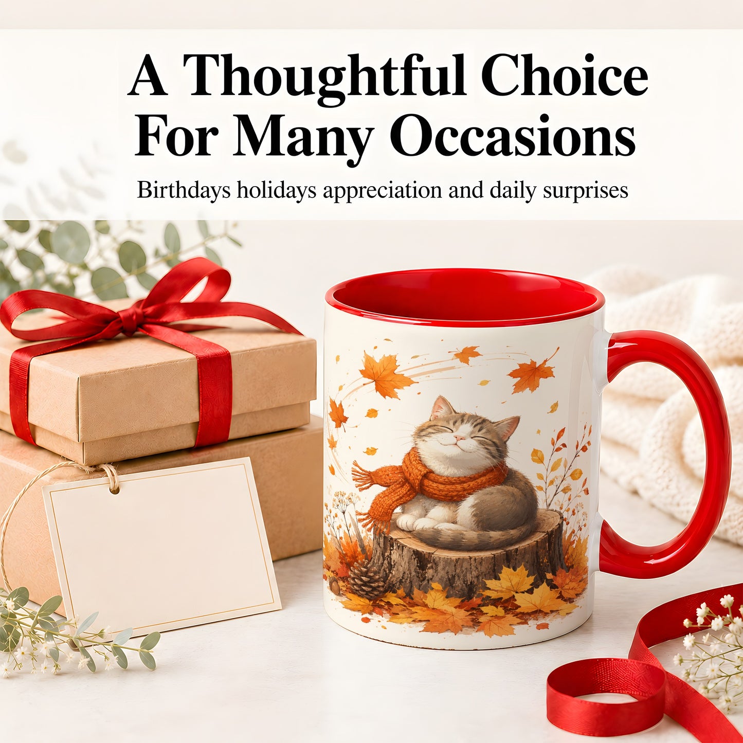 #pl[11oz|Red] Cozy Autumn Cat Ceramic Coffee Cup, Mug with Scarf Leaf Artwork