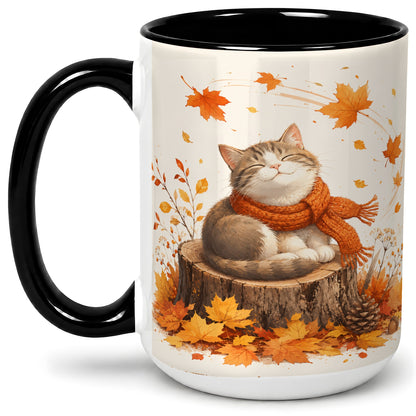 #pl[15oz|Black] Cozy Autumn Cat Ceramic Coffee Cup, Mug with Scarf Leaf Artwork