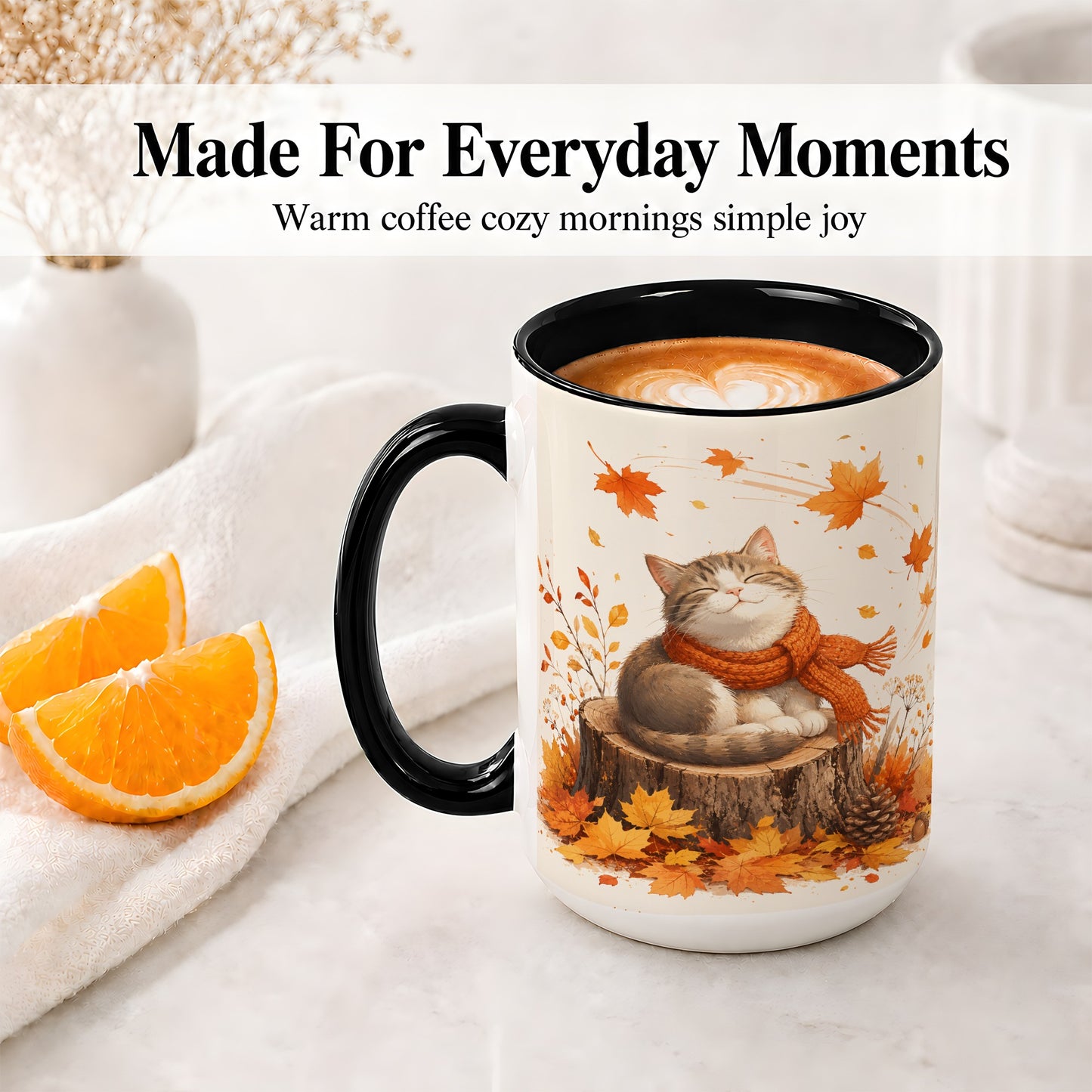 #pl[15oz|Black] Cozy Autumn Cat Ceramic Coffee Cup, Mug with Scarf Leaf Artwork
