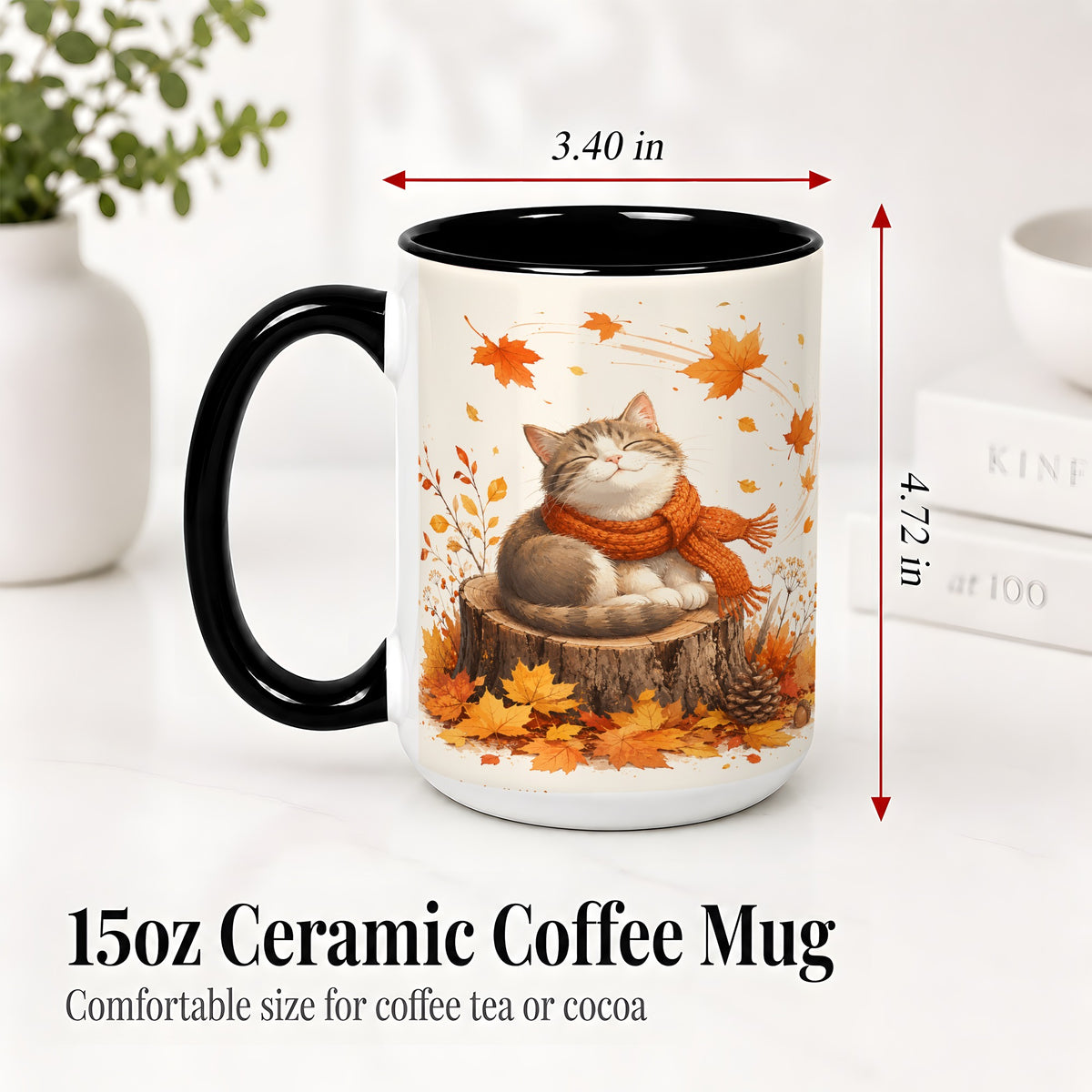 #pl[15oz|Black] Cozy Autumn Cat Ceramic Coffee Cup, Mug with Scarf Leaf Artwork