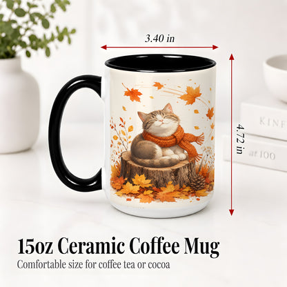 #pl[15oz|Black] Cozy Autumn Cat Ceramic Coffee Cup, Mug with Scarf Leaf Artwork