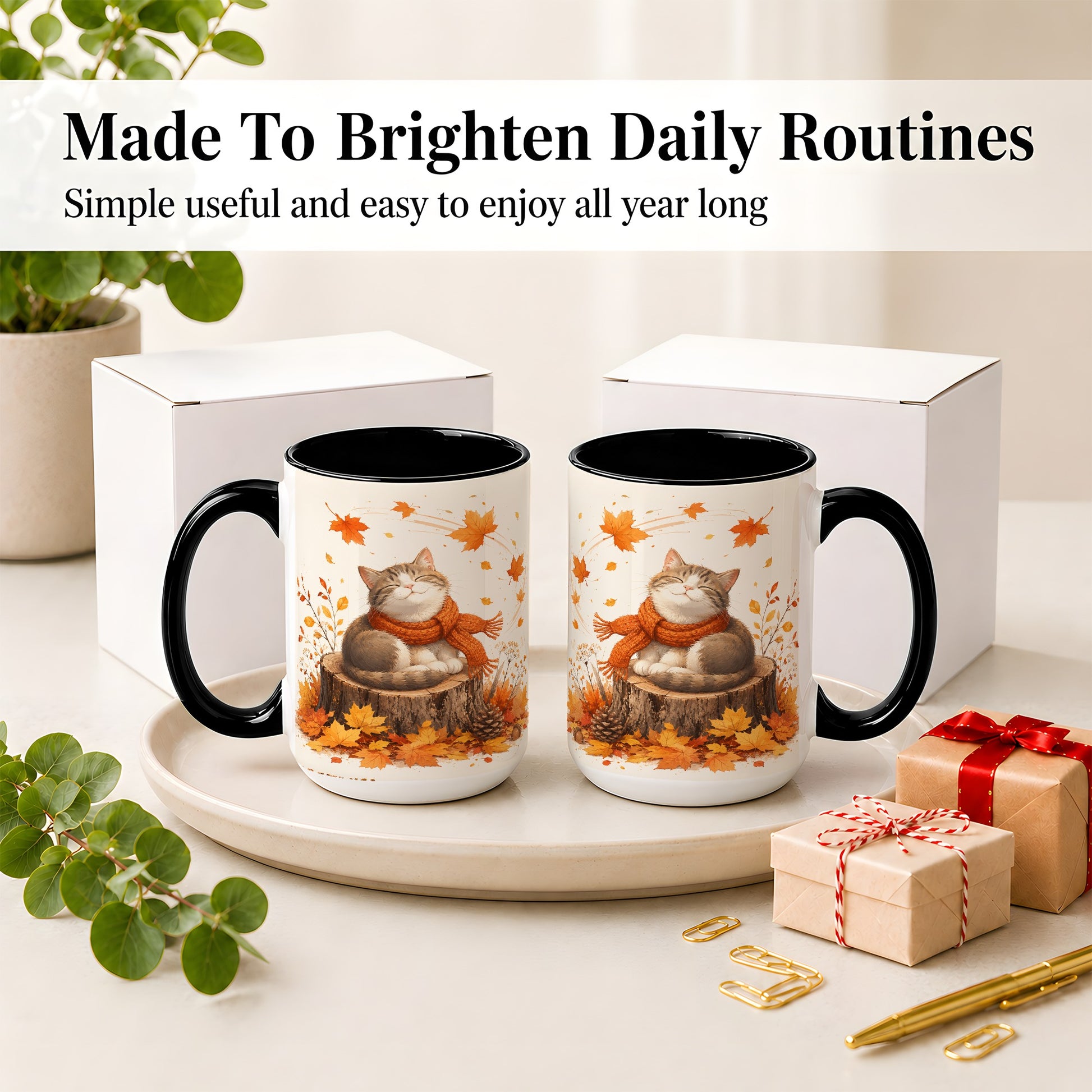 #pl[15oz|Black] Cozy Autumn Cat Ceramic Coffee Cup, Mug with Scarf Leaf Artwork