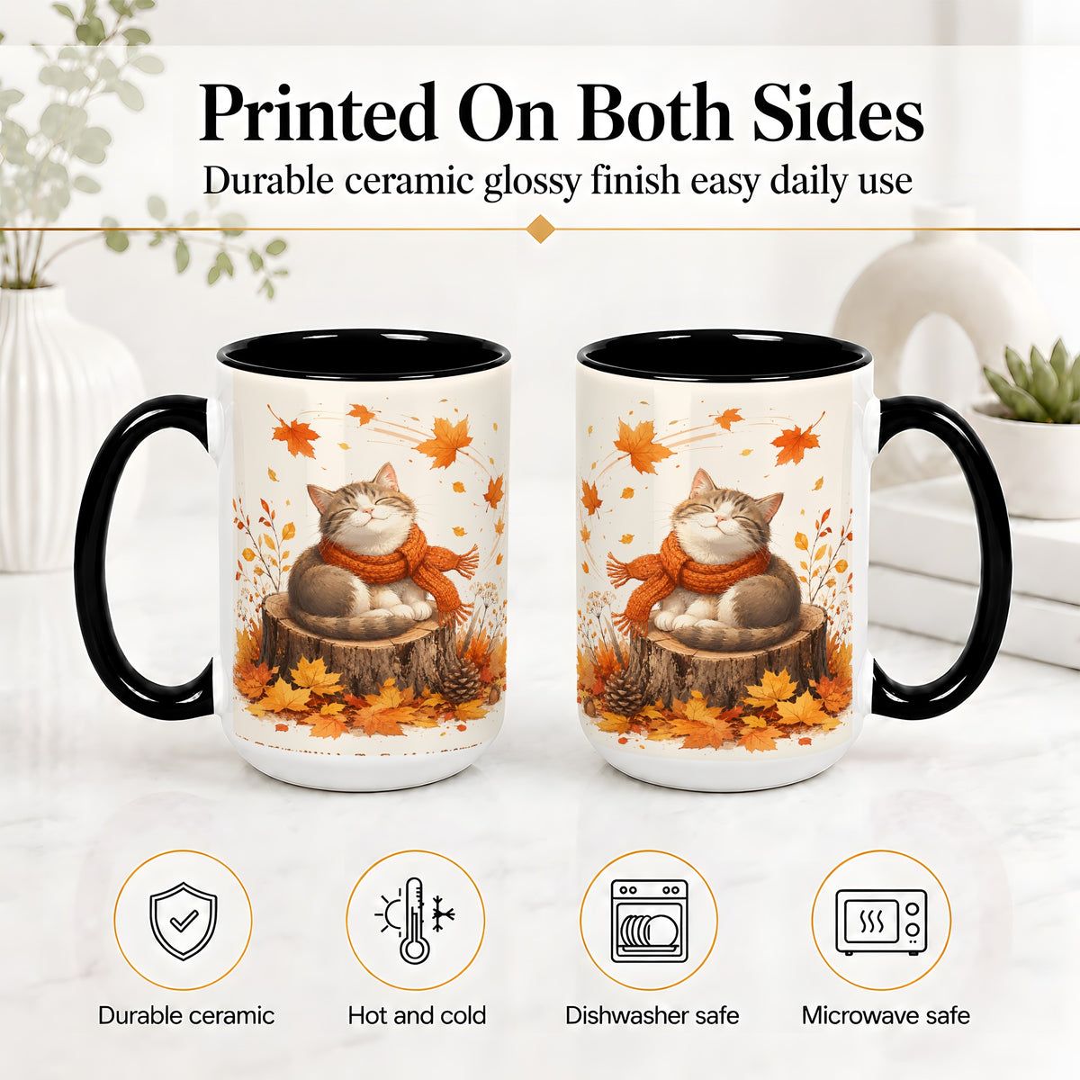 #pl[15oz|Black] Cozy Autumn Cat Ceramic Coffee Cup, Mug with Scarf Leaf Artwork