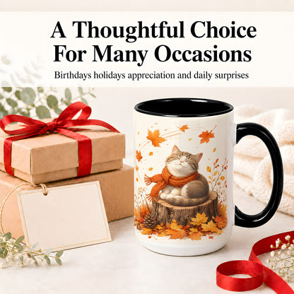 #pl[15oz|Black] Cozy Autumn Cat Ceramic Coffee Cup, Mug with Scarf Leaf Artwork