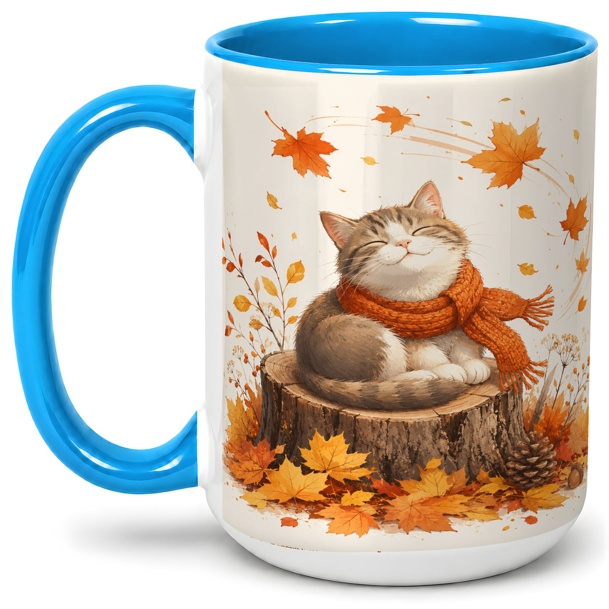#pl[15oz|Blue] Cozy Autumn Cat Ceramic Coffee Cup, Mug with Scarf Leaf Artwork