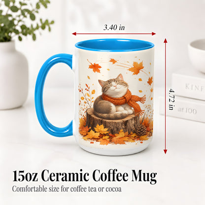 #pl[15oz|Blue] Cozy Autumn Cat Ceramic Coffee Cup, Mug with Scarf Leaf Artwork
