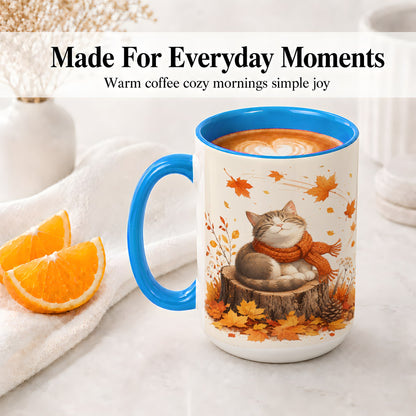 #pl[15oz|Blue] Cozy Autumn Cat Ceramic Coffee Cup, Mug with Scarf Leaf Artwork