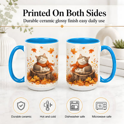 #pl[15oz|Blue] Cozy Autumn Cat Ceramic Coffee Cup, Mug with Scarf Leaf Artwork