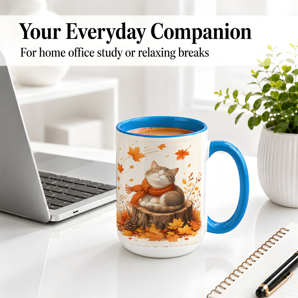 #pl[15oz|Blue] Cozy Autumn Cat Ceramic Coffee Cup, Mug with Scarf Leaf Artwork