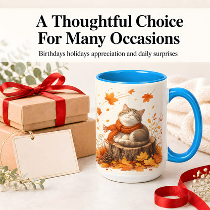 #pl[15oz|Blue] Cozy Autumn Cat Ceramic Coffee Cup, Mug with Scarf Leaf Artwork