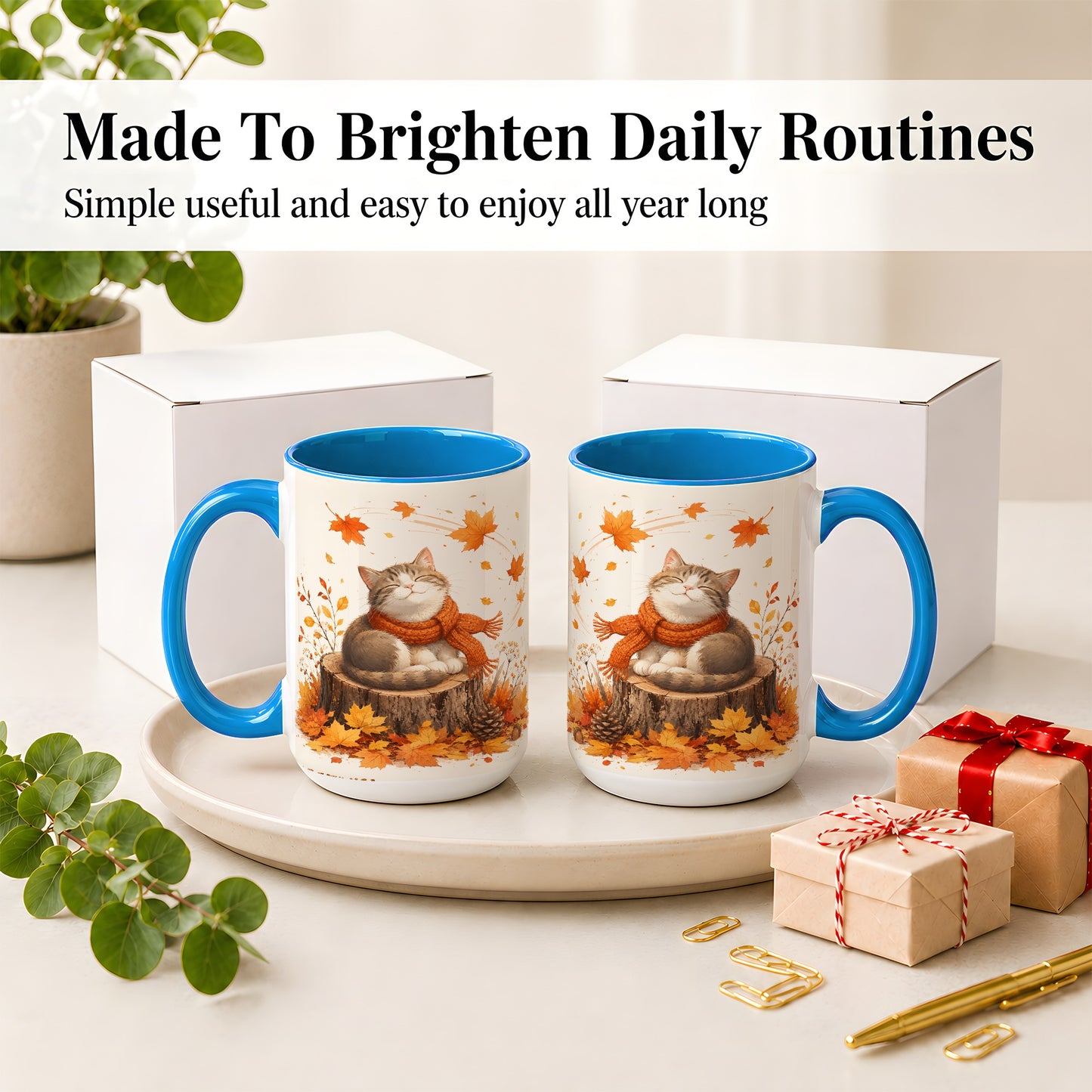 #pl[15oz|Blue] Cozy Autumn Cat Ceramic Coffee Cup, Mug with Scarf Leaf Artwork