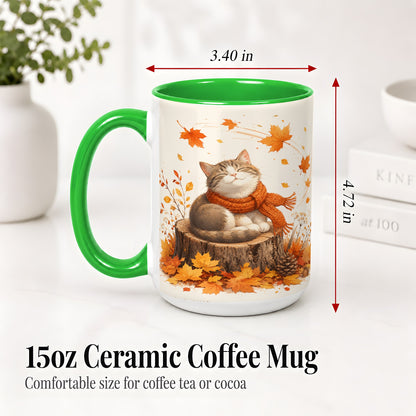 #pl[15oz|Green] Cozy Autumn Cat Ceramic Coffee Cup, Mug with Scarf Leaf Artwork