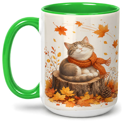 #pl[15oz|Green] Cozy Autumn Cat Ceramic Coffee Cup, Mug with Scarf Leaf Artwork