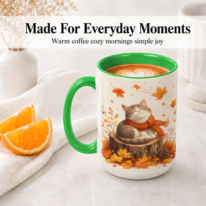 #pl[15oz|Green] Cozy Autumn Cat Ceramic Coffee Cup, Mug with Scarf Leaf Artwork