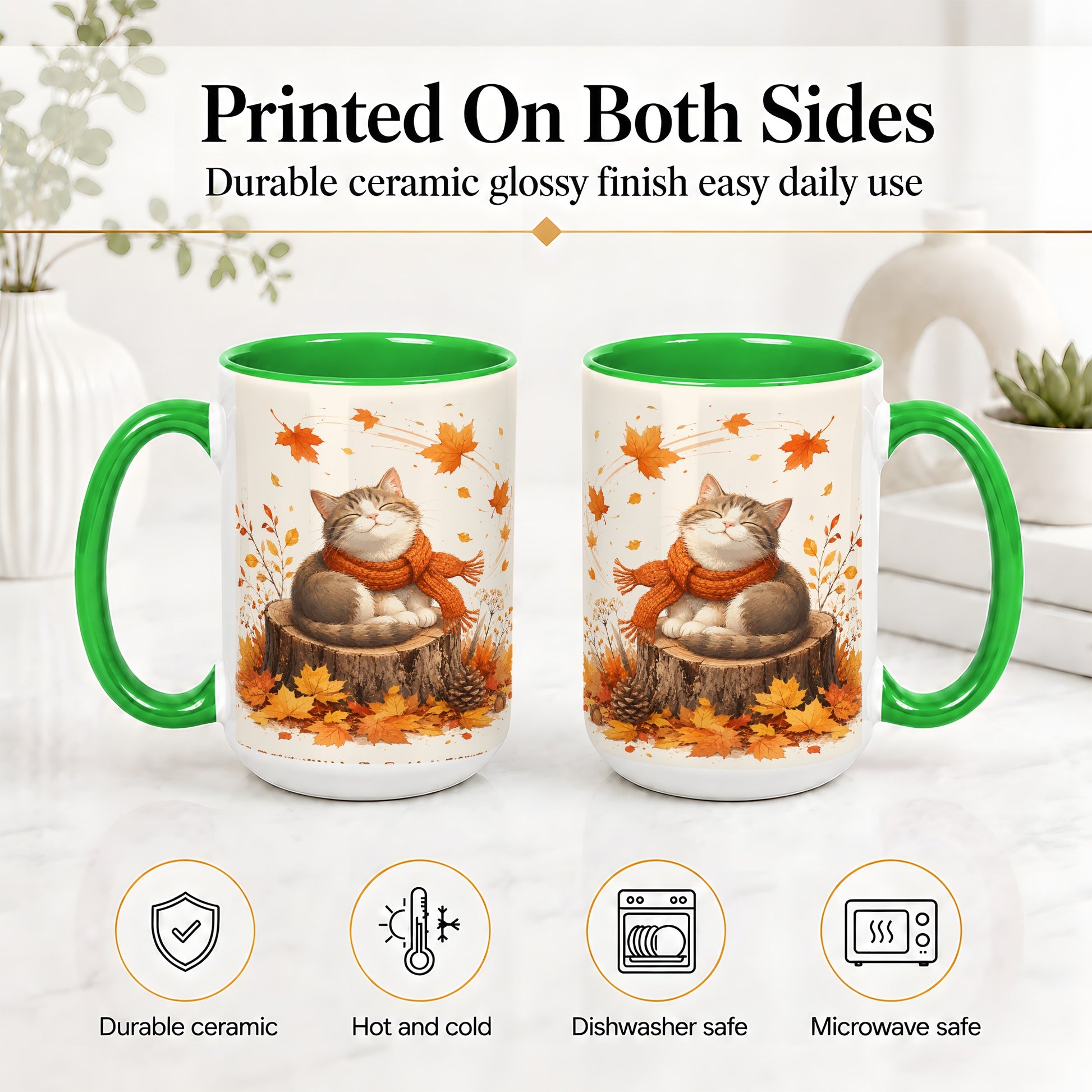 #pl[15oz|Green] Cozy Autumn Cat Ceramic Coffee Cup, Mug with Scarf Leaf Artwork