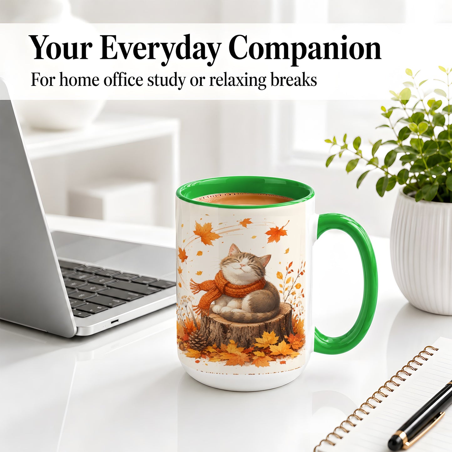 #pl[15oz|Green] Cozy Autumn Cat Ceramic Coffee Cup, Mug with Scarf Leaf Artwork