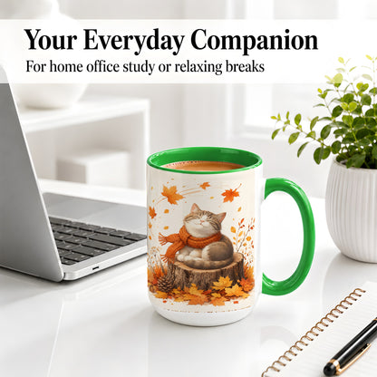 #pl[15oz|Green] Cozy Autumn Cat Ceramic Coffee Cup, Mug with Scarf Leaf Artwork