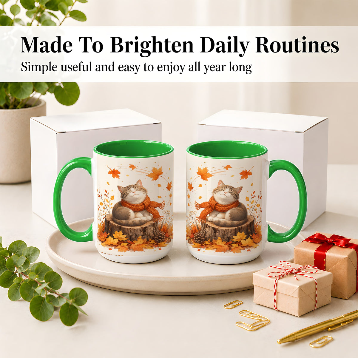 #pl[15oz|Green] Cozy Autumn Cat Ceramic Coffee Cup, Mug with Scarf Leaf Artwork