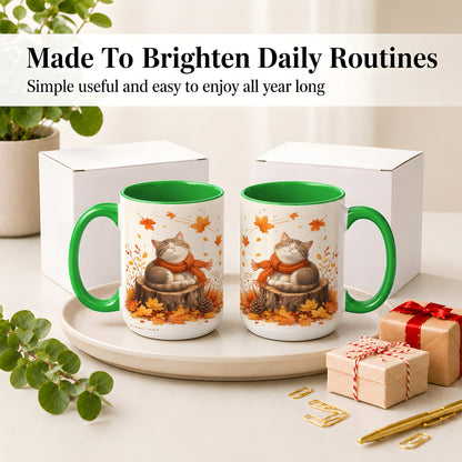 #pl[15oz|Green] Cozy Autumn Cat Ceramic Coffee Cup, Mug with Scarf Leaf Artwork
