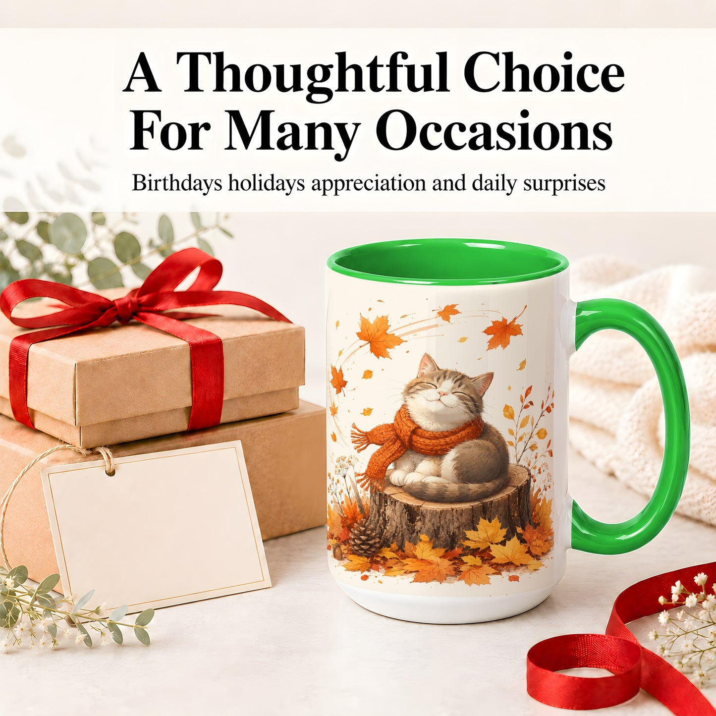 #pl[15oz|Green] Cozy Autumn Cat Ceramic Coffee Cup, Mug with Scarf Leaf Artwork