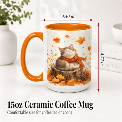 #pl[15oz|Orange] Cozy Autumn Cat Ceramic Coffee Cup, Mug with Scarf Leaf Artwork
