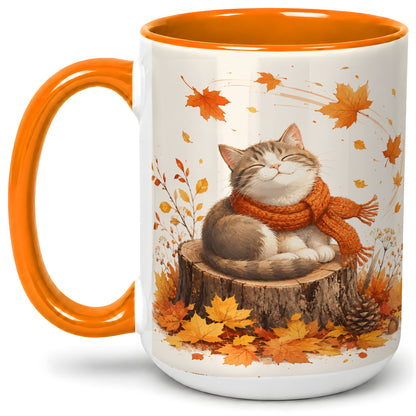 #pl[15oz|Orange] Cozy Autumn Cat Ceramic Coffee Cup, Mug with Scarf Leaf Artwork