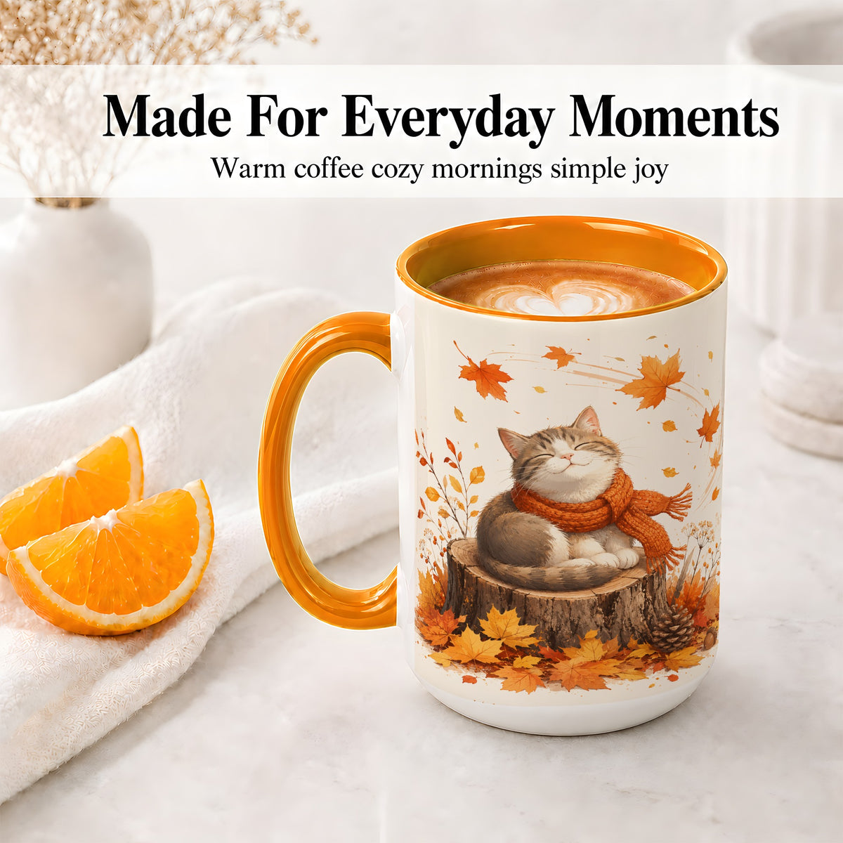 #pl[15oz|Orange] Cozy Autumn Cat Ceramic Coffee Cup, Mug with Scarf Leaf Artwork