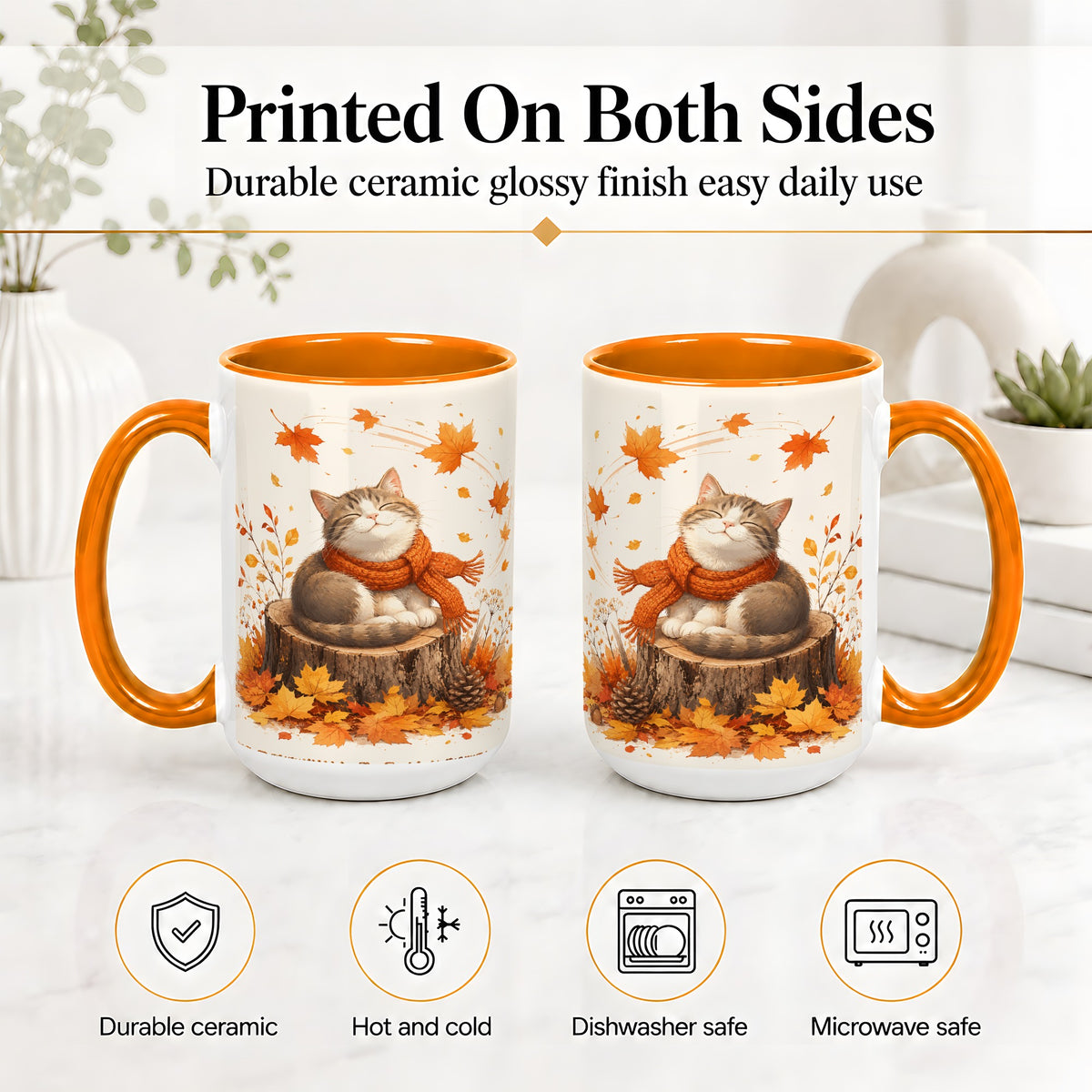 #pl[15oz|Orange] Cozy Autumn Cat Ceramic Coffee Cup, Mug with Scarf Leaf Artwork