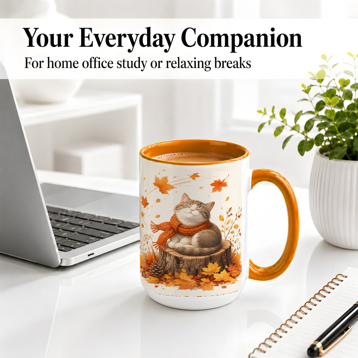 #pl[15oz|Orange] Cozy Autumn Cat Ceramic Coffee Cup, Mug with Scarf Leaf Artwork