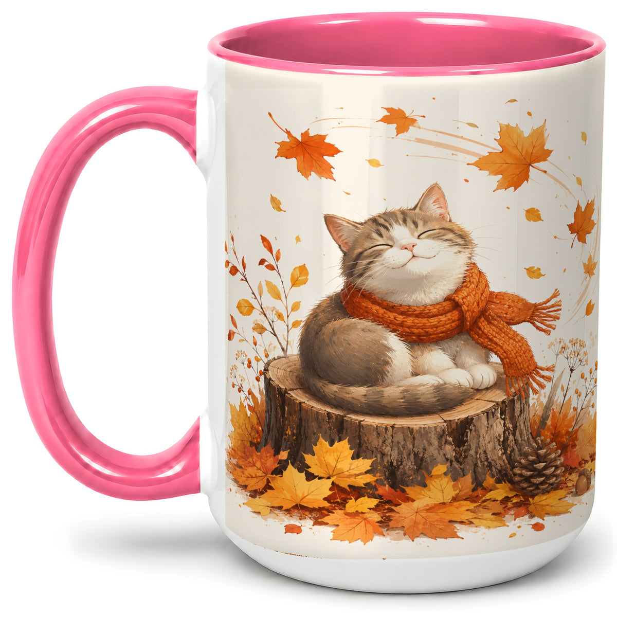 #pl[15oz|Pink] Cozy Autumn Cat Ceramic Coffee Cup, Mug with Scarf Leaf Artwork