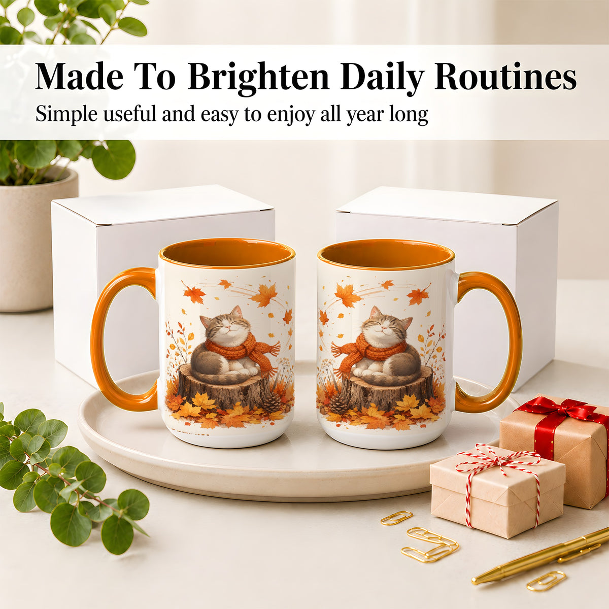 #pl[15oz|Orange] Cozy Autumn Cat Ceramic Coffee Cup, Mug with Scarf Leaf Artwork