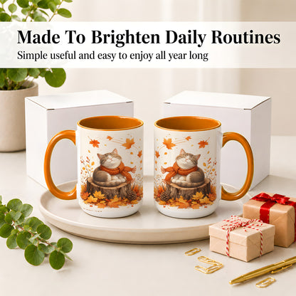#pl[15oz|Orange] Cozy Autumn Cat Ceramic Coffee Cup, Mug with Scarf Leaf Artwork