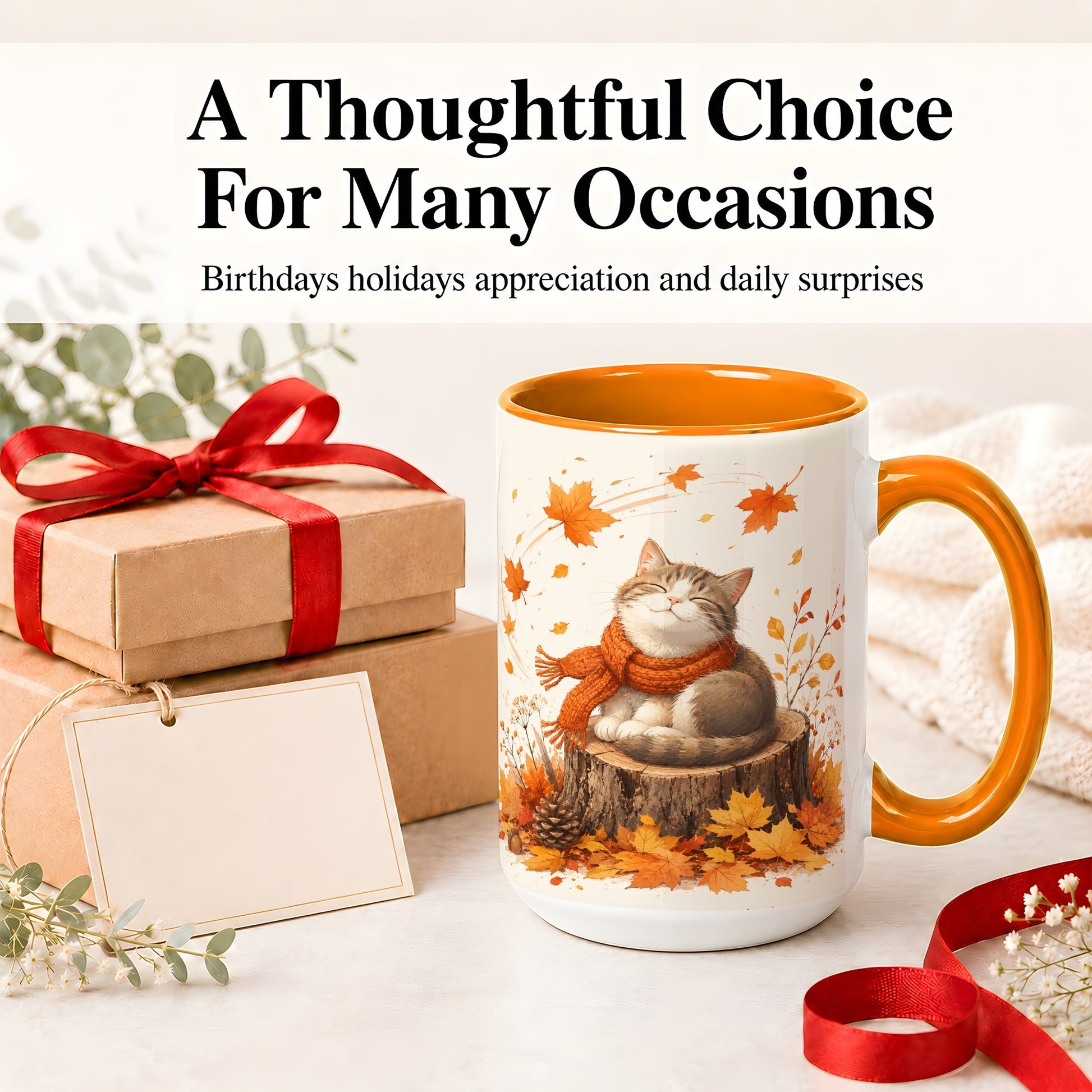 #pl[15oz|Orange] Cozy Autumn Cat Ceramic Coffee Cup, Mug with Scarf Leaf Artwork