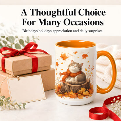 #pl[15oz|Orange] Cozy Autumn Cat Ceramic Coffee Cup, Mug with Scarf Leaf Artwork