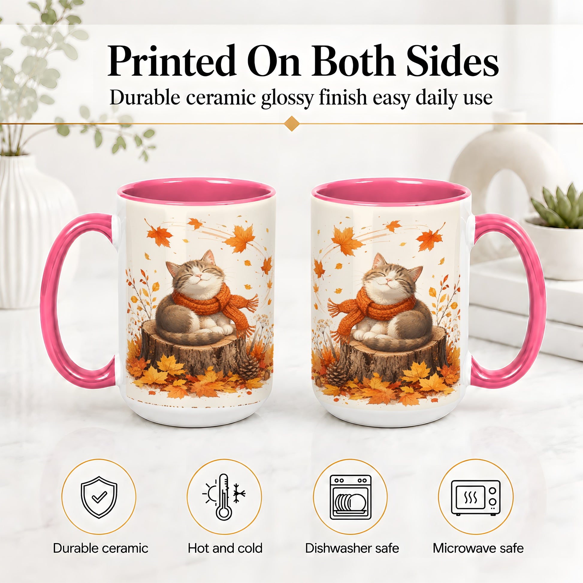 #pl[15oz|Pink] Cozy Autumn Cat Ceramic Coffee Cup, Mug with Scarf Leaf Artwork