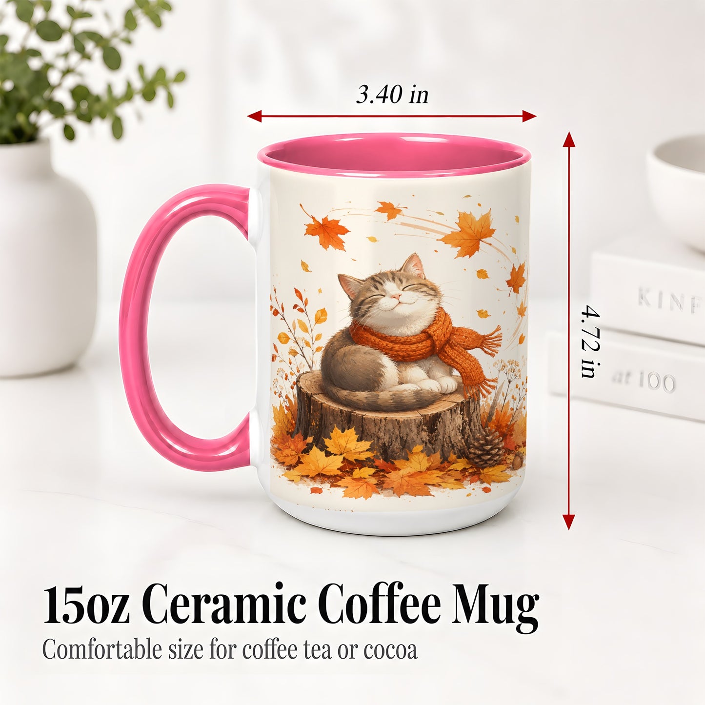 #pl[15oz|Pink] Cozy Autumn Cat Ceramic Coffee Cup, Mug with Scarf Leaf Artwork